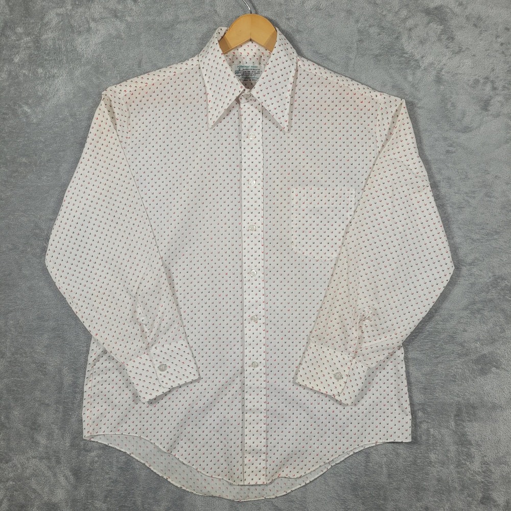 Vintage Kmart Button Down Men XL White Geometric Permanent Press 70s Long Sleeve